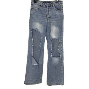 S.O.N.G. STREET Jeans Wide Leg Button Fly Distressed Ripped Denim Women 7 Blue